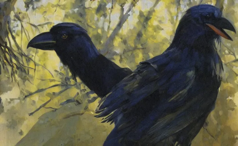 Prompt: oil painting by anders zorn, closeup crow in forest, very very very very beautiful art, dramatic light, strong shadows, shiny blue black feathers