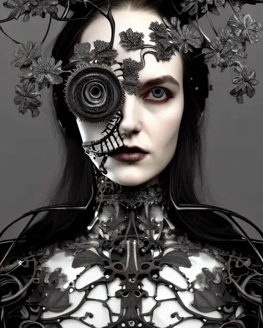 Image similar to monochrome profile portrait painting, silver lace floral steampunk biomechanical beautiful young female cyborg with techno eye, volumetric light, leaves foliage and stems, hibiscus flowers, sinuous fine roots, fine foliage lace, alexander mcqueen, rim light, big gothic fashion pearl embroidered collar, octane render, dutch masters, 8 k