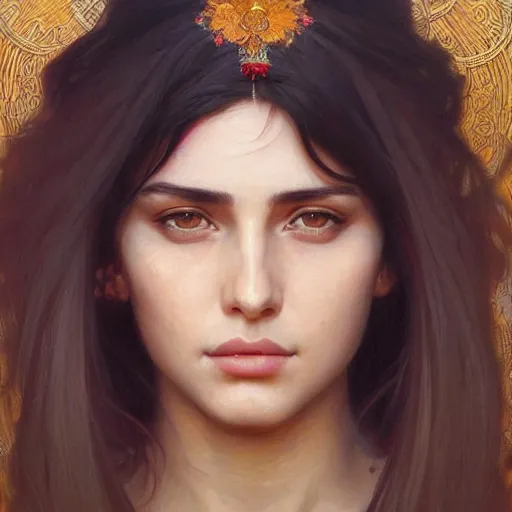 Image similar to portrait of the most beautiful kurdish woman, highly detailed, digital painting, artstation, concept art, sharp focus, illustration, art by artgerm and greg rutkowski and alphonse mucha, incredibly beautiful and symmetrical face, incredibly detailed, award winning art