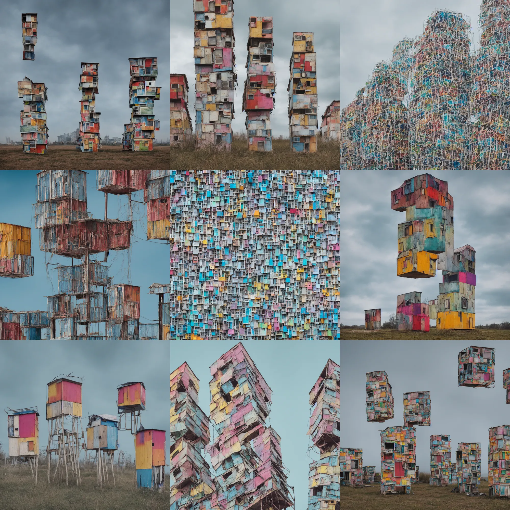 Prompt: close - up view of two symmetrical towers made up of colourful makeshift suspended squatter shacks, faded colours, uniform off - white sky, dystopia, hasselblad x 1 d, very detailed, photographed by cristina de middel