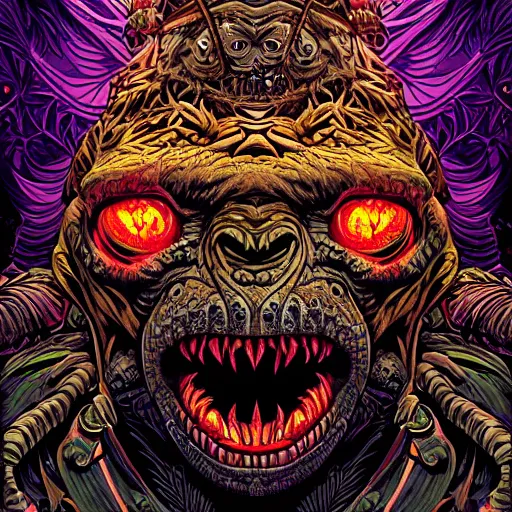 Prompt: barong family member, wiwek, mara demon, one single tribe member, jungle, one single mask, dark, ancient warrior, gorilla, lizard, tribal, inner glow, art by dan mumford and justin gerard