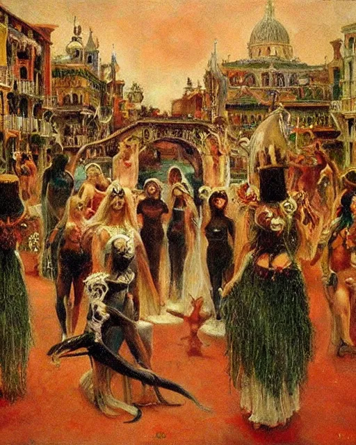 Prompt: magical pagan venice with occult atmosphere and carneval paganism rituals, style of australian tonalism