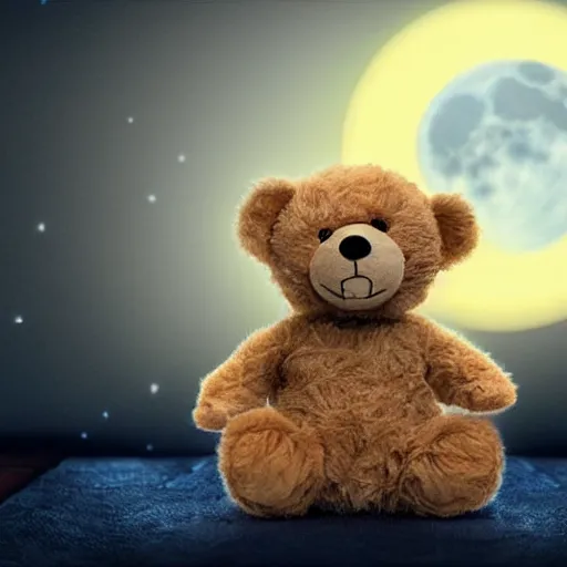 Image similar to Teddybear sitting in bed photorealistic in focus moon an stars in the background dark lighting