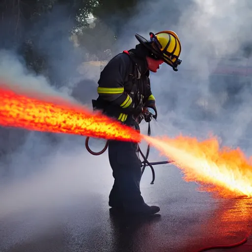 Prompt: photo of a firefighter using a flamethrower. award-winning, highly-detailed