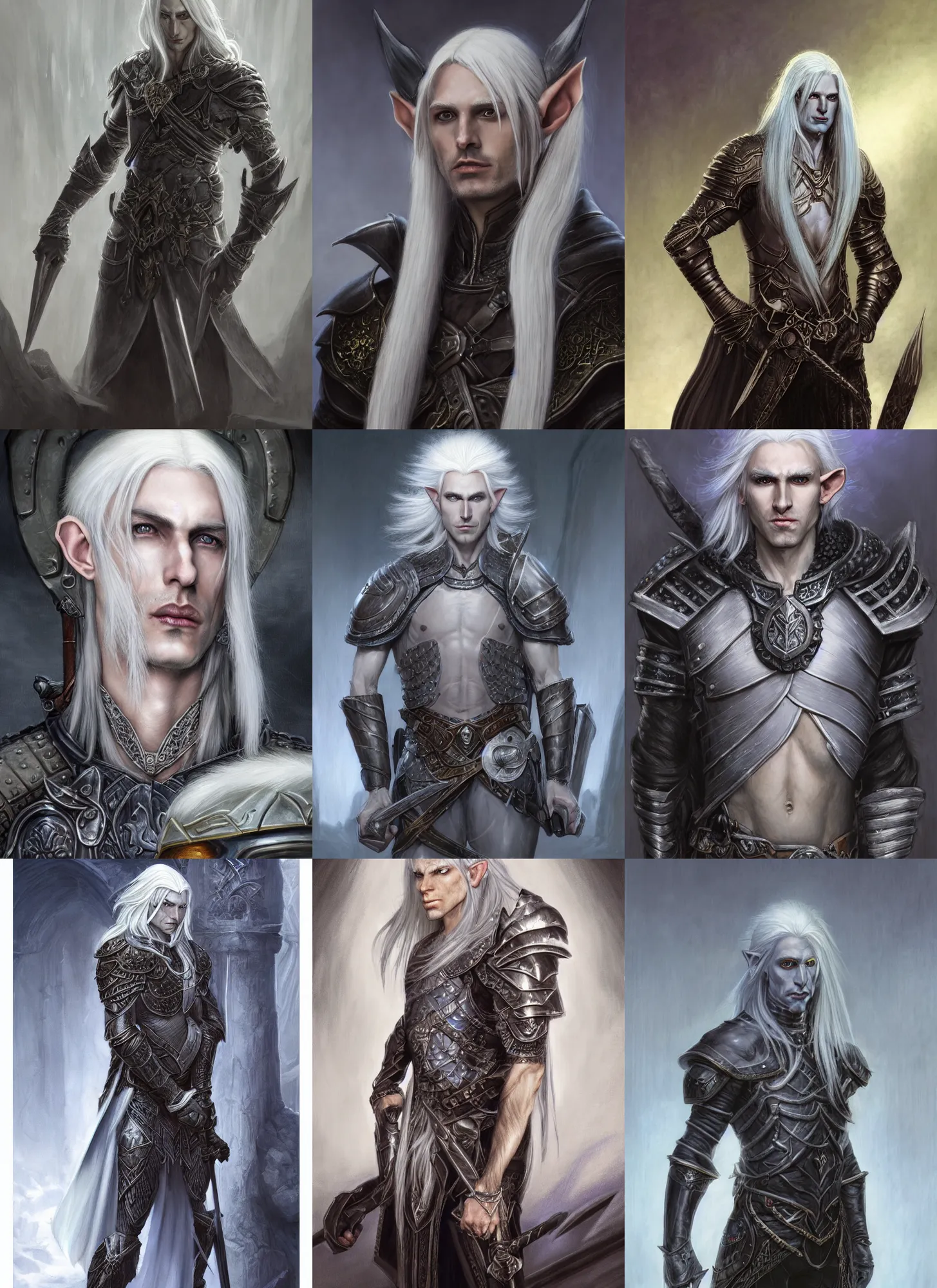 Prompt: a portrait of a male drow elf with long white hair, pale gray skin, buzzed hair on temple, young adult, defined cheek bones, serious, wearing leather armor, style by donato giancola, wayne reynolds, jeff easley dramatic light, high detail, cinematic lighting, artstation, dungeons and dragons