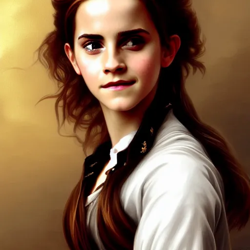 Image similar to Emma Watson as Hermione Granger. Happy. Cheerful. Smiling. Western. Closeup. Fantasy. Intricate Elegant. Highly detailed. Digital painting. Artstation. Concept art. Matte. Sharp focus. Illustration. 4K. Art by William-Adolphe Bouguereau.