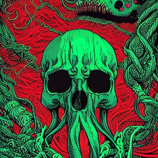 Prompt: a red cthulhu skull in a green sea enveloped by jellyfish tendrils and black seaweed by josan gonzalez and dan mumford, highly detailed, high contrast
