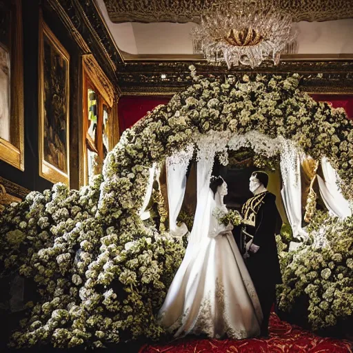 Image similar to A wide full shot, colored black and White Russian and Japanese mix historical fantasy a photograph portrait taken of inside a royal wedding floral covered aisle inspired by a enchanted ethereal forest, 1907 photo from the official wedding photographer for the royal wedding.