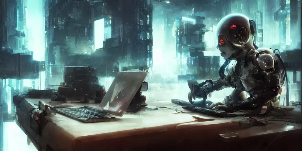 Prompt: !dream a kitten cyborg coding on a laptop, cyberpunk atmosphere, by Ruan Jia