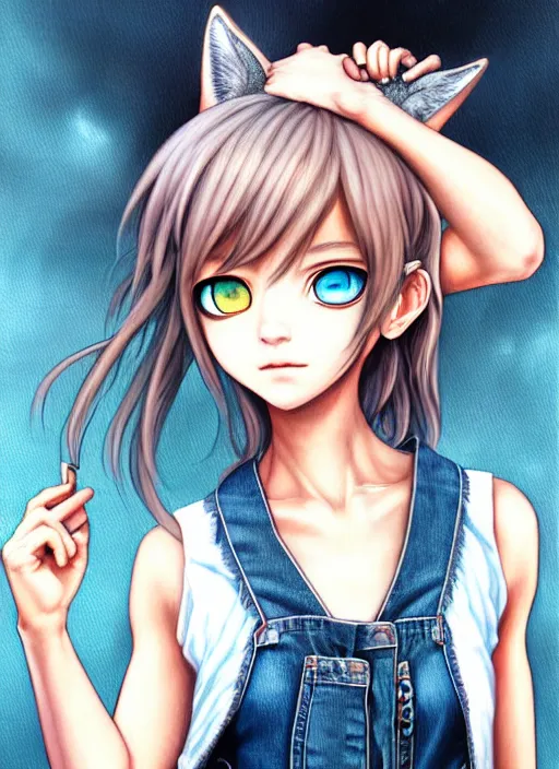 Image similar to a portrait of catgirl wearing white vest, and denim shorts an ultrafine detailed painting, detailed painting, detailed eyes!!, final fantasy