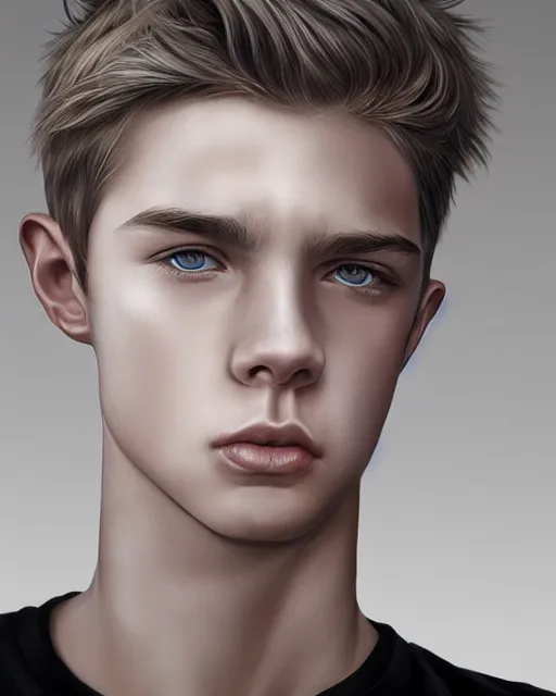 Image similar to portrait a 1 5 - year - old boy, with slender, white - blond hair, cold grey eyes, a pale complexion with sharp and pointed features, hyper realistic face, beautiful eyes, character art, art by mark brooks, hyperdetailed, cryengine, trending on artstation, digital art