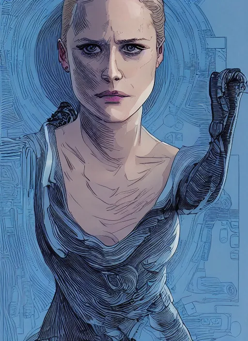 Image similar to dolores ( evan rachel wood ) from westworld, beautiful portrait, blue dress, elegant, clear clean face, by moebius, katsuhiro otomo, tsutomu nihei, laurie greasley