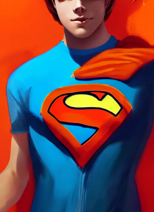 Image similar to friendly teenage archie andrews wearing an orange superhero costume with heart logo, freckles, superhero costume, heart emblem on chest, cape, intricate, elegant, glowing lights, highly detailed, digital painting, artstation, sharp focus, illustration, art by wlop, mars ravelo and greg rutkowski