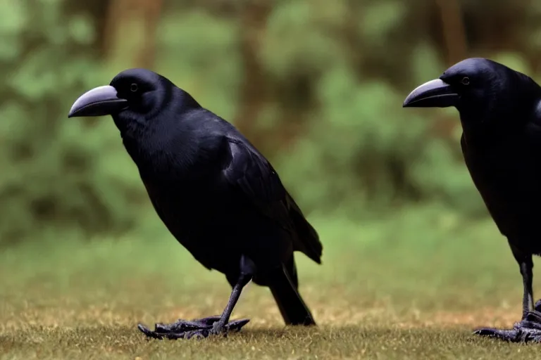 Image similar to close up of a obese crow with a round body short legs and large black beak, high resolution film still, film by Jon Favreau