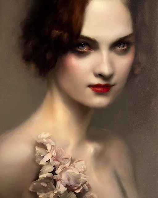 Image similar to daniel gerhartz and tom bagshaw close portrait digital painting of a 1 9 2 0 s beautiful woman at a party in a mansion, strong contrast, unreal engine, hyper realism, realistic shading, cinematic composition, realistic render, octane render, detailed textures, photorealistic, ultrawide shot, 3 5 mm film