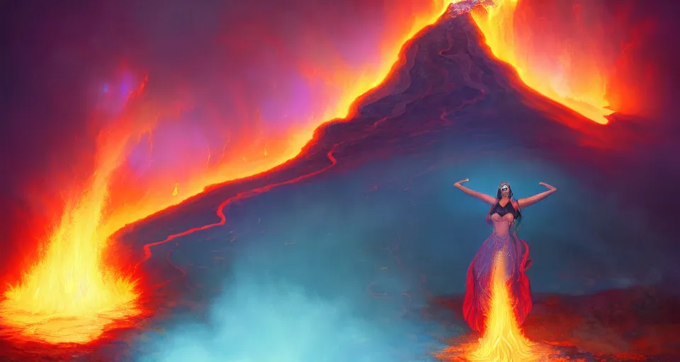 Prompt: the hawaiian fire goddess pele erupting yellowstone volcano while she smiles from above, by peter mohrbacher, digital painting, ultra high detail, apocalyptic, glow, lens flare, atmosphere, hyperrealistic, 8 k, cinematic, trending on artstation