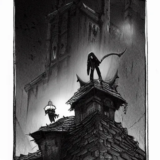 Image similar to a vampire stands on top of a village roof, looks down on street, night, fantasy, concept art, intricate detail, gothic