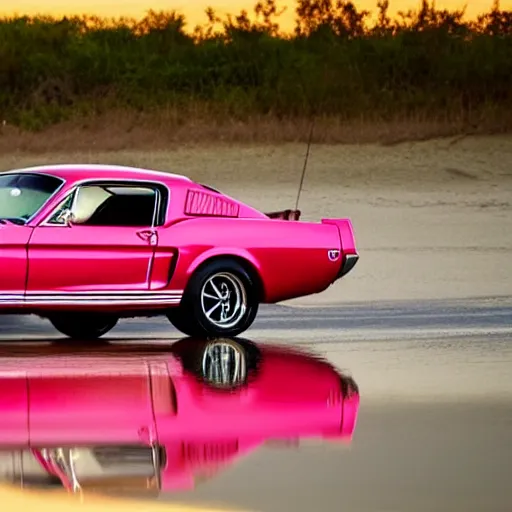 Image similar to long shot of 1967 Ford mustang Shelby GT500 in pink color at sunset in front a beach, 8k, amazing reflection, UHD Photography