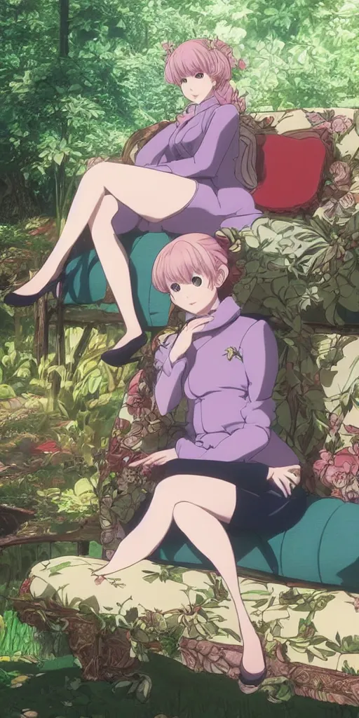 Prompt: a single queen sitting by herself on a sofa in a forest, drawn by CloverWorks, elegant, beauty, nurturing