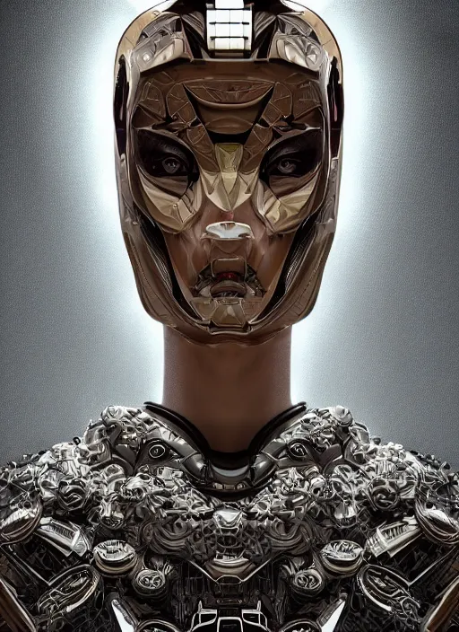 Image similar to beautiful portrait of an alien cyborg, deus ex machina, style of Feng Zhu, Artstation geometric, aesthetic, big eyes, smooth skin, unique features, symmetrical, intricate crown, volumetric lighting, streetwear, cyberpunk, detailed, octane render, cinematic, 8k, brown skin, retro sci fi film, Stanisław Szukalski + Moebius,