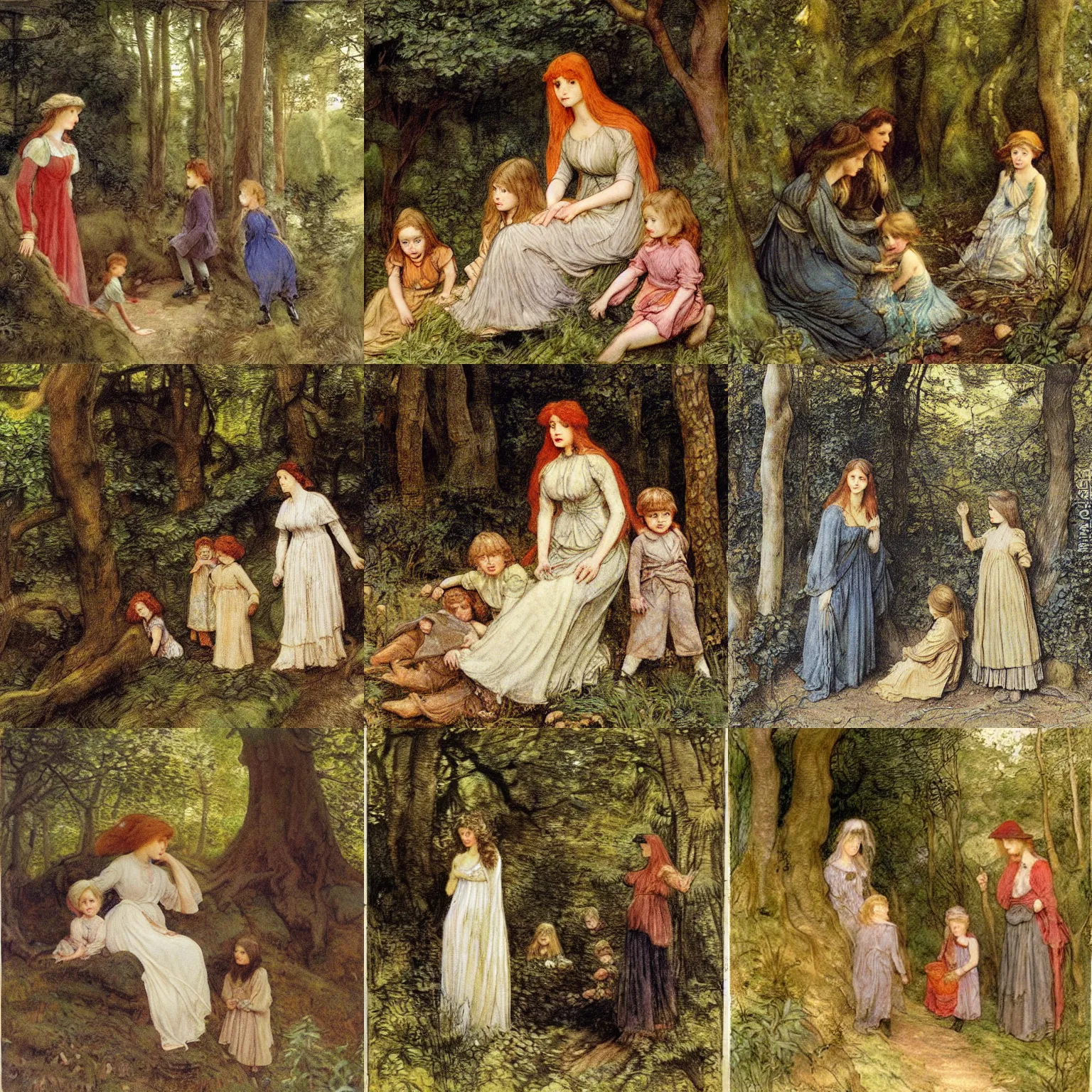 Prompt: a painting of a woman and children in the woods, a storybook illustration by henry meynell rheam, cg society, pre - raphaelitism, pre - raphaelite, detailed painting, photoillustration