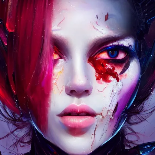 Image similar to A masterpiece portrait of a Incredibly beautiful half slightly damaged robot girl Combat makeup. Vogue. trending on artstation, digital art, by Stanley Artgerm Lau, WLOP, Rossdraws, James Jean, Andrei Riabovitchev, Marc Simonetti, Yoshitaka Amano