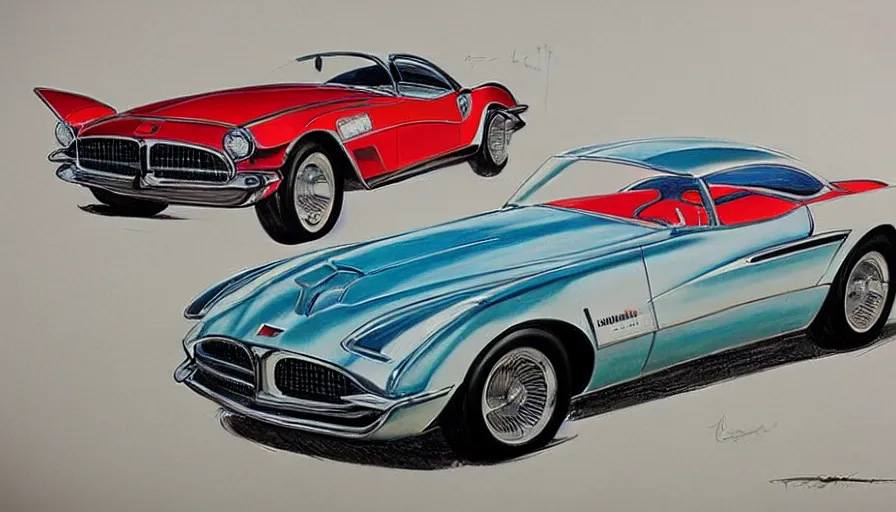 Prompt: 1955 Pontiac Firebird concept as drawn by Syd Mead, full color drawing