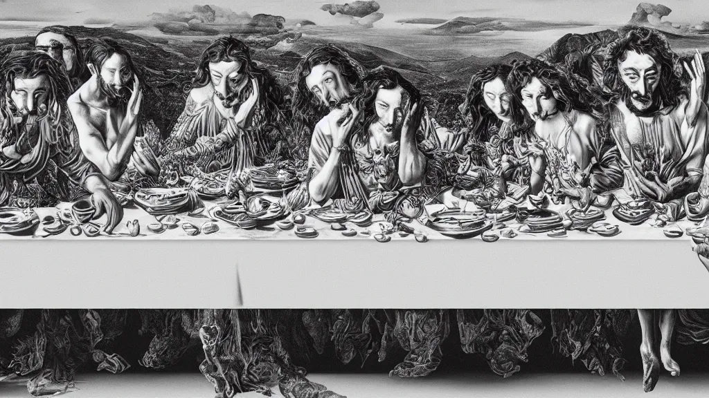 Image similar to the newest masterpiece of salvador dali inspired by dan hillier, it is called ; the last supper