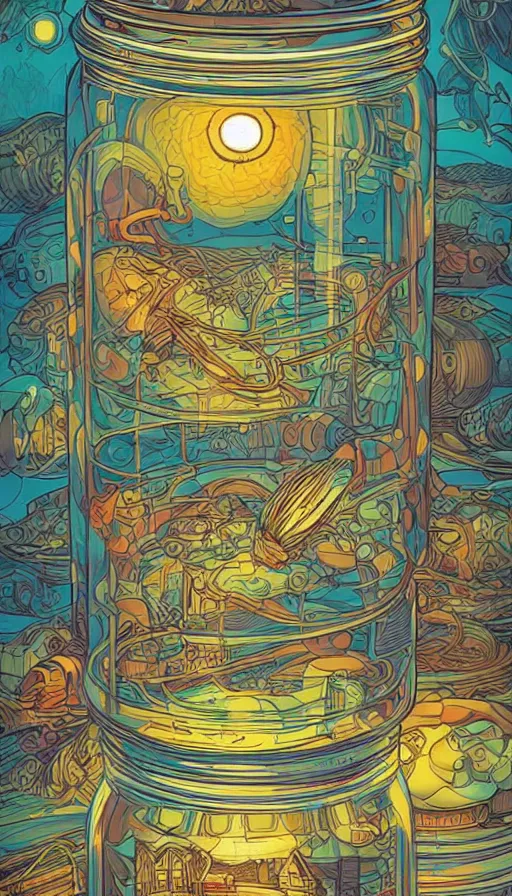 Image similar to Luminous jars full of dreams, futurism, da vinci, Dan Mumford, Josan Gonzalez