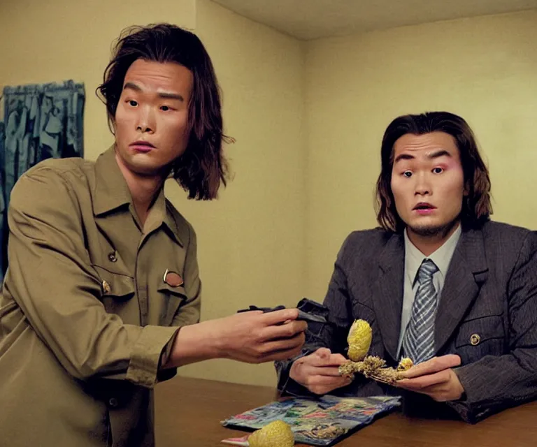 Prompt: hyperralism pineapple express ( 2 0 0 8 ) movie still photography of realistic detailed north korean kim chen with detailed face smoking high detailed weed and reviewing weed bush in detailed basement bedroom ultra violet light