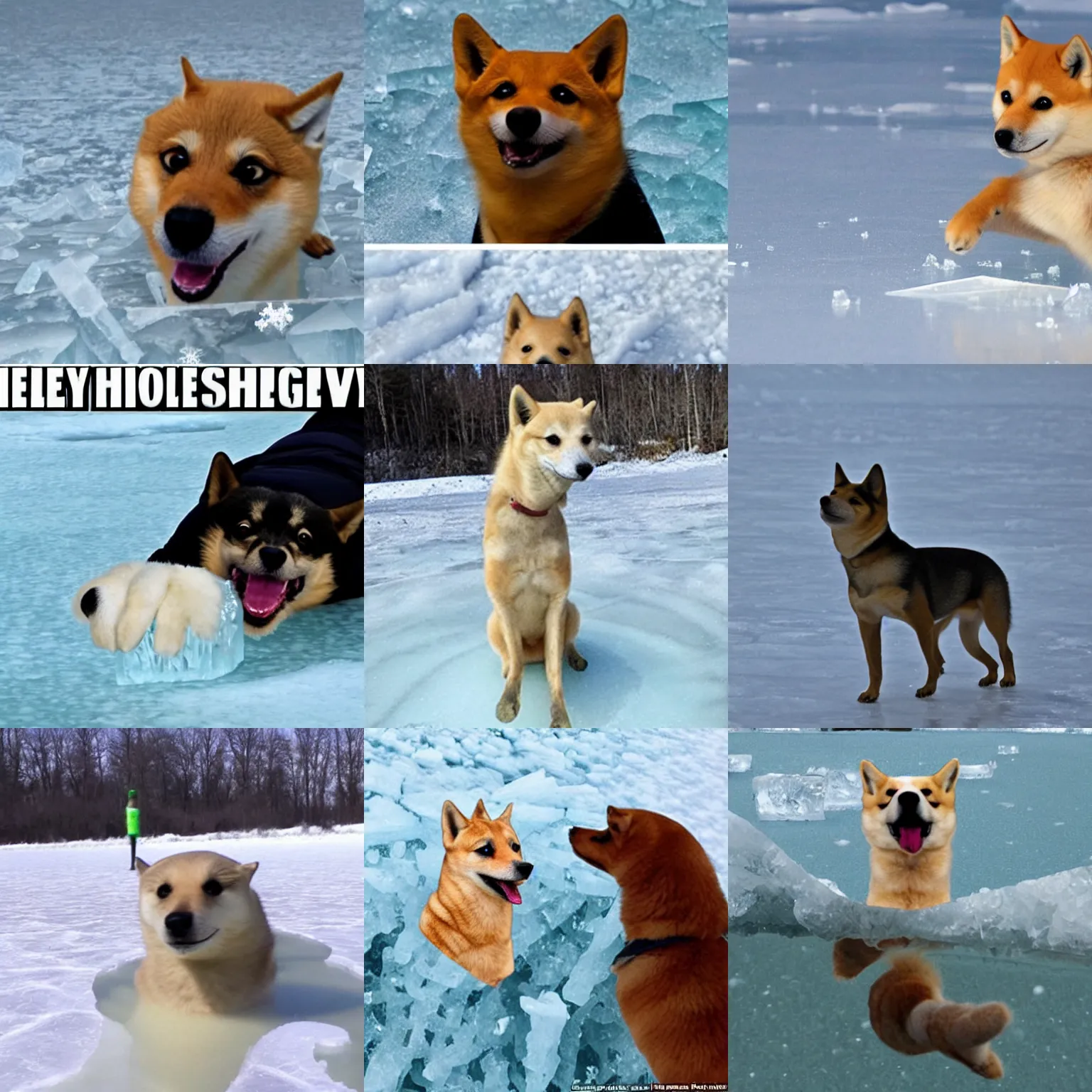 Prompt: A meme doge sticking its head through the ice of a frozen lake