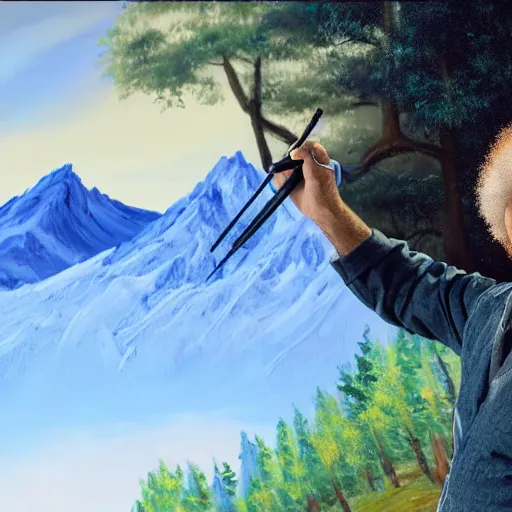 Image similar to a closeup photorealistic photograph of bob ross working on a canvas painting of cookie monster. film still. brightly lit scene. mountains and trees. this 4 k hd image is trending on artstation, featured on behance, well - rendered, extra crisp, features intricate detail, epic composition and the style of unreal engine.