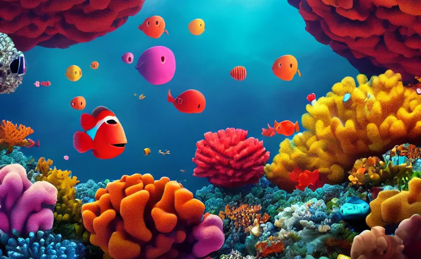 Image similar to giant black liquid blobs flying through a colorful coral reef, enigmatic scene, dusk, sunrise, still from a 2001 pixar movie, 4k, high quality wallpaper