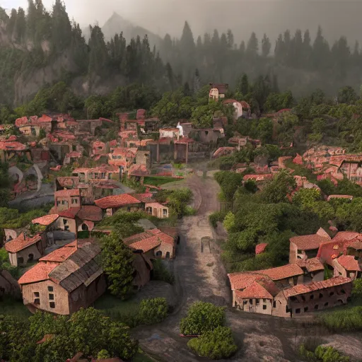 Prompt: the center of a poor medieval town under heavy rain at late dawn, in a valley, surrounded by mountains, highly detailed, octane render, hyper realistic, ultra detailed cinematic, 8 k, photorealistic, widescreen, hd, hyper realism