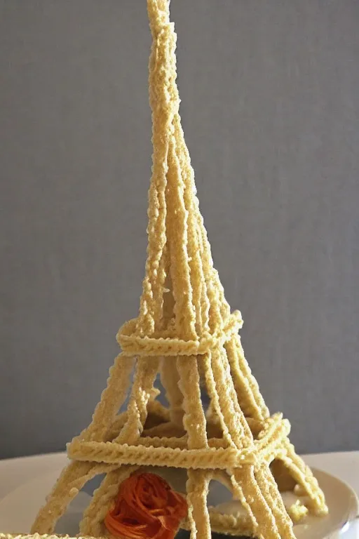 Prompt: the eiffel tower made of pasta and cream