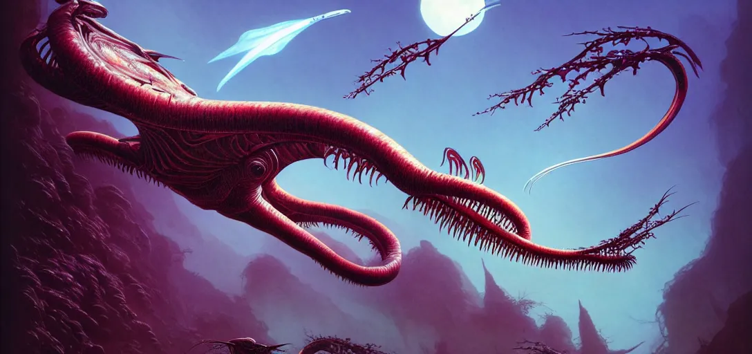 Prompt: photo of an alien fish with long fangs in the style of roger dean, realistic, sharp focus, 8 k high definition, insanely detailed, intricate, elegant, art by greg rutkowski and artgerm, extreme blur cherry blossoms background