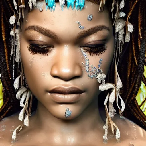 Prompt: dramatic upper body portrait of zendaya as a dark - skinned mermaid la sirene haitian goddess, under water, white lilies, concept art, intricate details, bloom, highly detailed, photorealistic, octane render, 8 k, art by annie leibovitz and wlop and frank frazetta and simon bisley h - 7 2 0