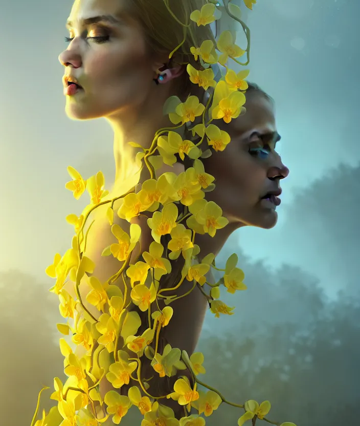 Prompt: a beautiful yellow woman, symmetrical portrait, realistic, full body, white orchids, vine twist, 8 k, rich details, nuclear sunset, mist, volumetric lighting, by wlop