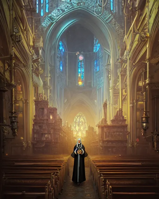 Image similar to highly detailed surreal vfx portrait of a steampunk priest in a steampunk cathedral, stephen bliss, unreal engine, greg rutkowski, loish, rhads, beeple, makoto shinkai and lois van baarle, ilya kuvshinov, rossdraws, tom bagshaw, alphonse mucha, global illumination, detailed and intricate environment