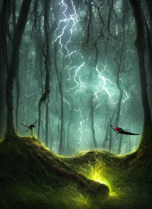 Image similar to photo of a crazy wasp, warped reality, cinematic lighting, magical forest, thunderstorm, flood, fantasy landscape, artstation, art by alison watt, altichiero, americo makk, arthur hughes