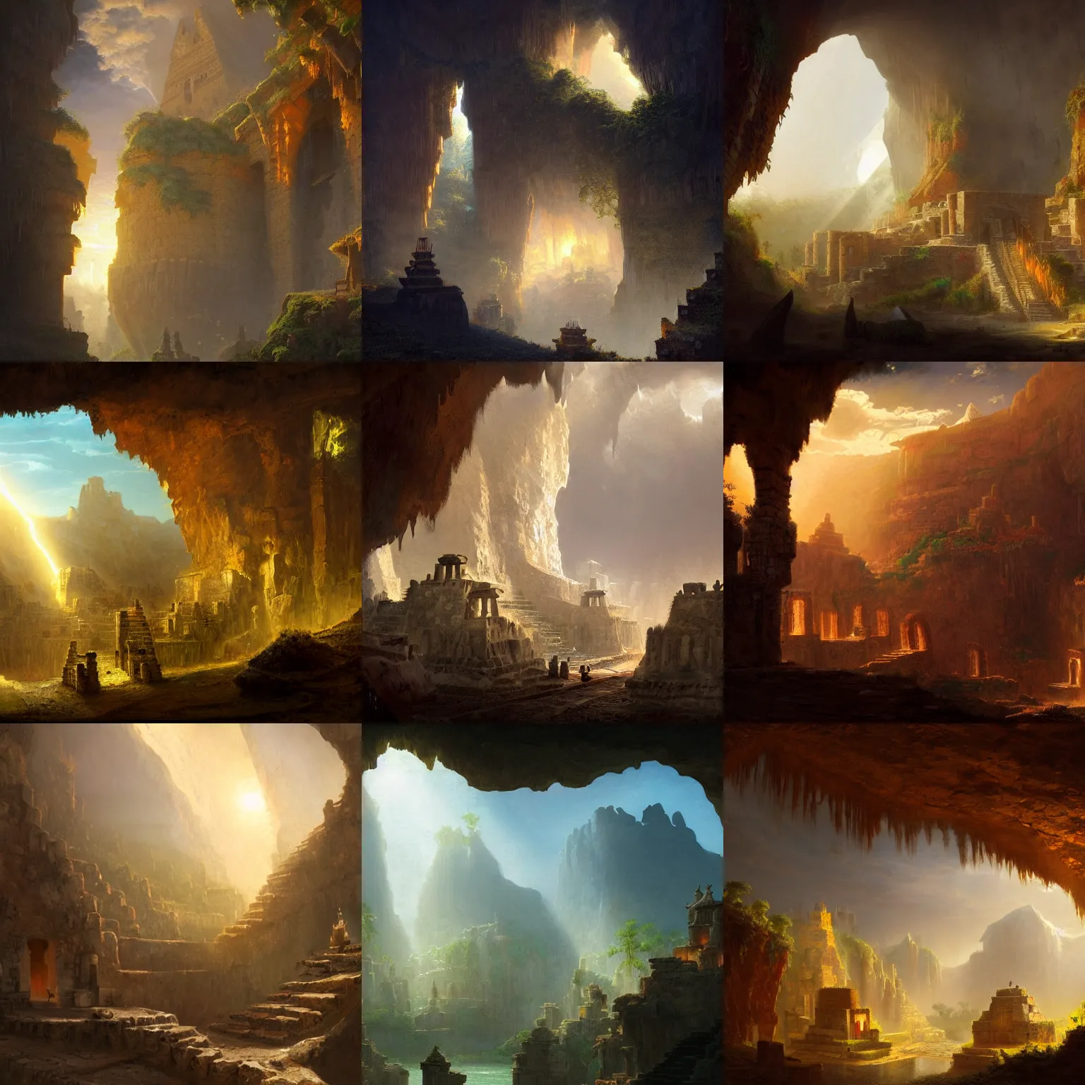 Image similar to aztec town built on the walls of a cave by jorge jacinto and albert bierstadt, mystical, fantasy, rays of light, atmospheric lighting, uhd, 8 k