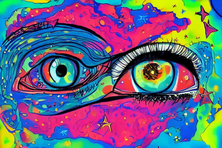 Image similar to an eye with stars and clouds, a pop art painting by martine johanna, behance contest winner, psychedelic art,