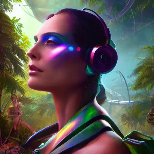 Prompt: a holographic women cyberpunk in the jungle wide view,high detailed,full perfect, symmetrical portrait, high detail, by Craig Mullins, Peter Mohrbacher,unreal engine, octane rendered, 8K, dark beauty, trending on artstation