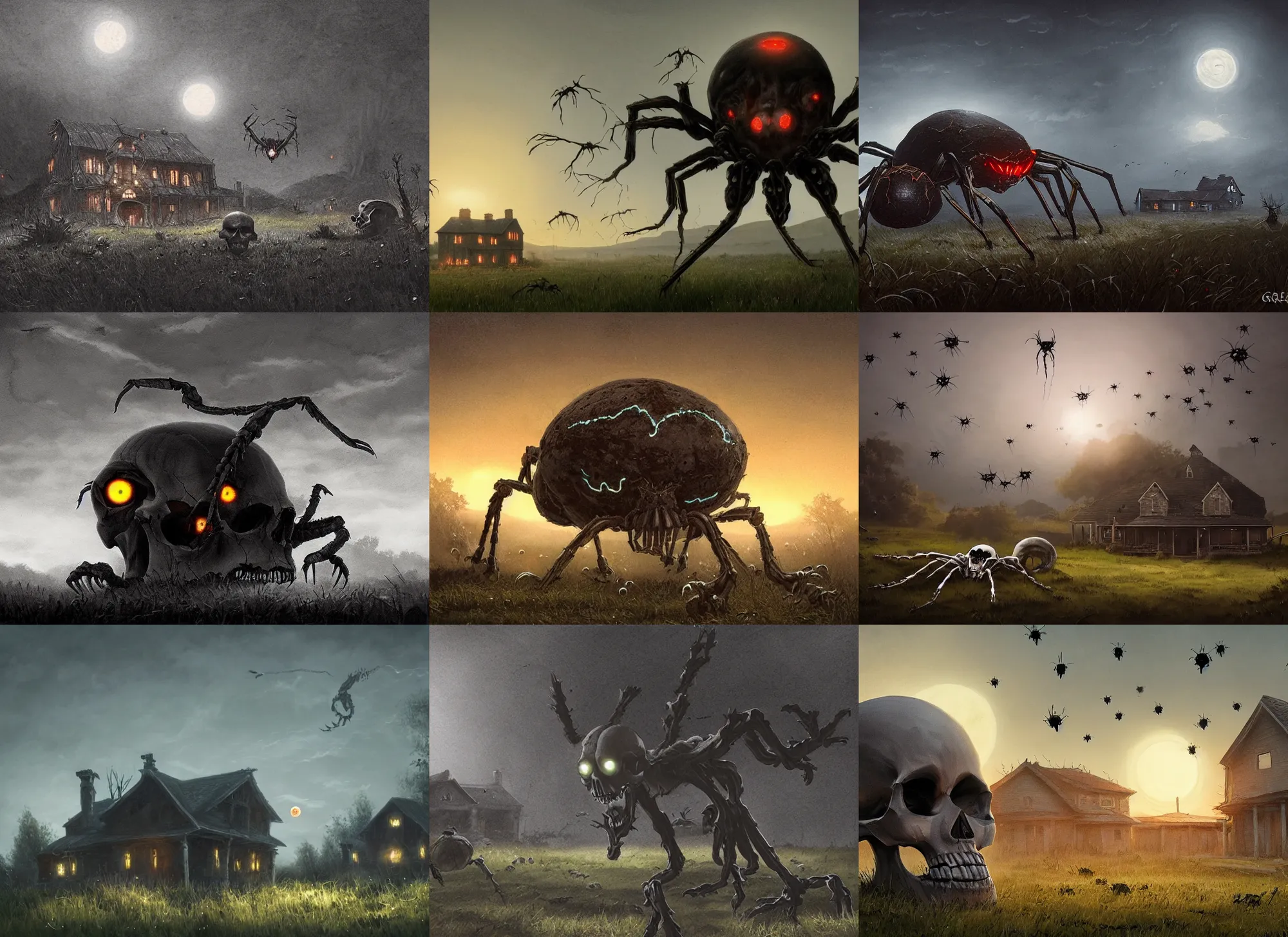 Prompt: giant skull spiders with bright glowing eyes at dusk, hovering over farmhouse, in the style of Greg rutkowski