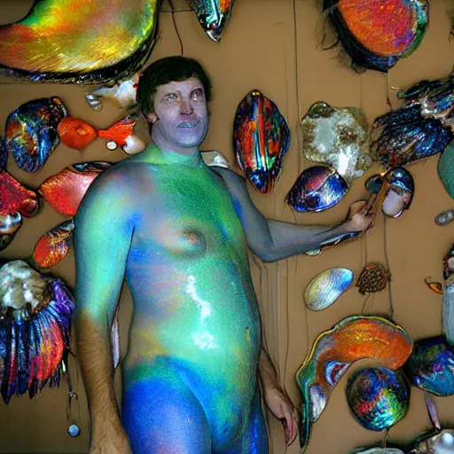 Image similar to a human standing in his garage, covered with iridescent bodypaint, shells and barnacles, 2 0 0 7 motorola cell phone pic