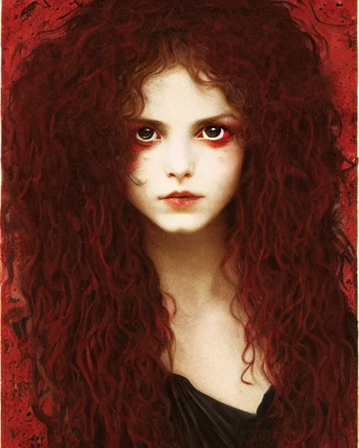 Image similar to a beautiful but sinister girl in layers of fear, with haunted eyes and curly hair, 1 9 7 0 s, seventies, delicate embellishments, a little blood, crimson, painterly, offset printing technique, by alexandre cabanel