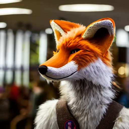 Prompt: portrait of a realistic fox fursuit at a furry convention, indoors, midday, realisitc bokeh photo