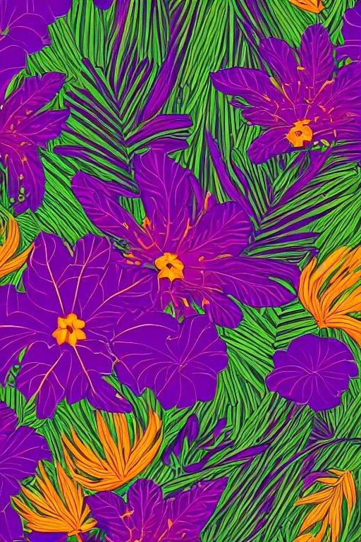 Prompt: moody Intricate detailed vector illustration of tropical flowers and green reeds, multiple cohesive colors ranging from warms purples to bright oranges on a ((very dark background)), 4K resolution