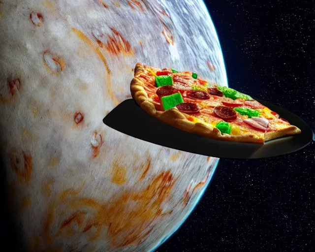 Prompt: a single slice of pizza spaceship in orbit over a single planet space starwars 3 d render starwars clonewars 4 k atmospheric cinematic shot octane render high definition