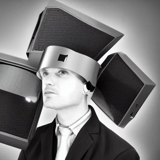 Prompt: man with high tech esoteric design loudspeakers on his head